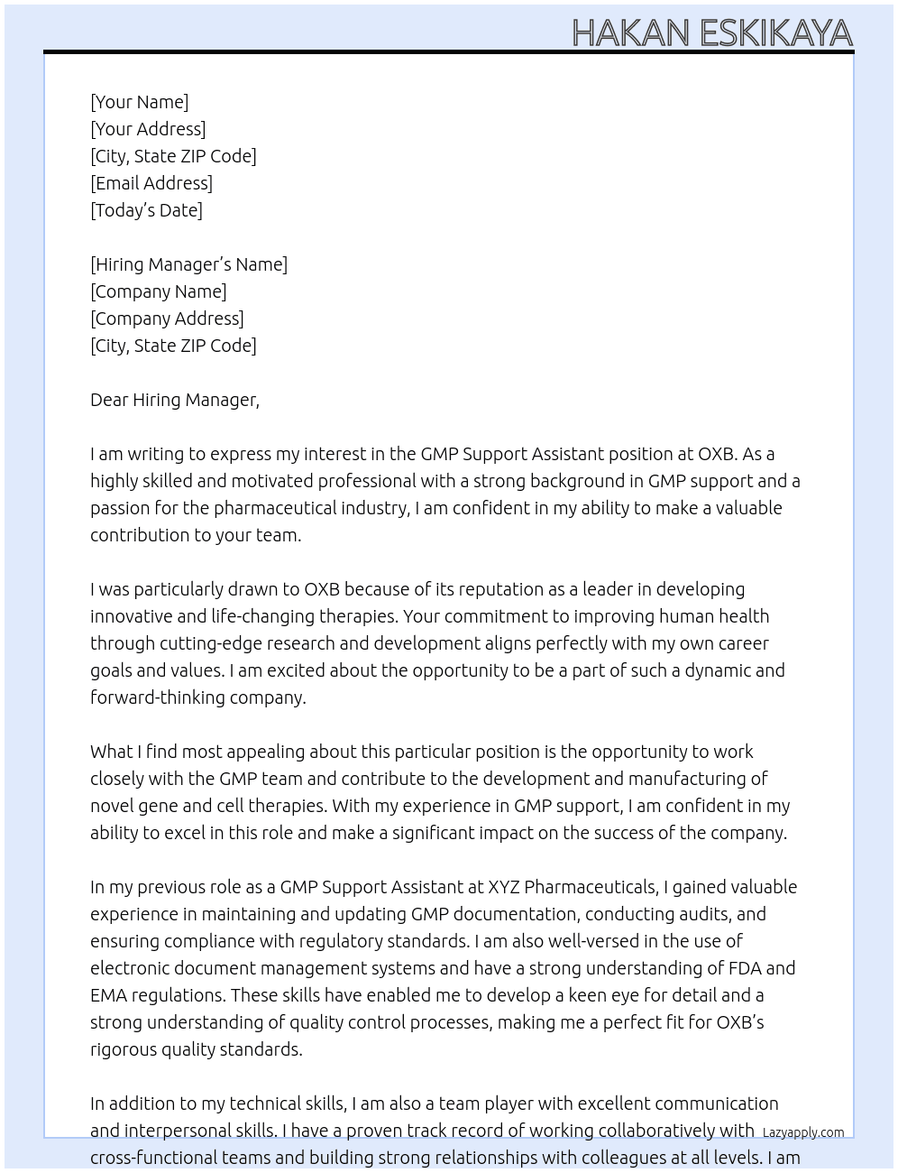 GMP Support Assistant At OXB Cover Letter