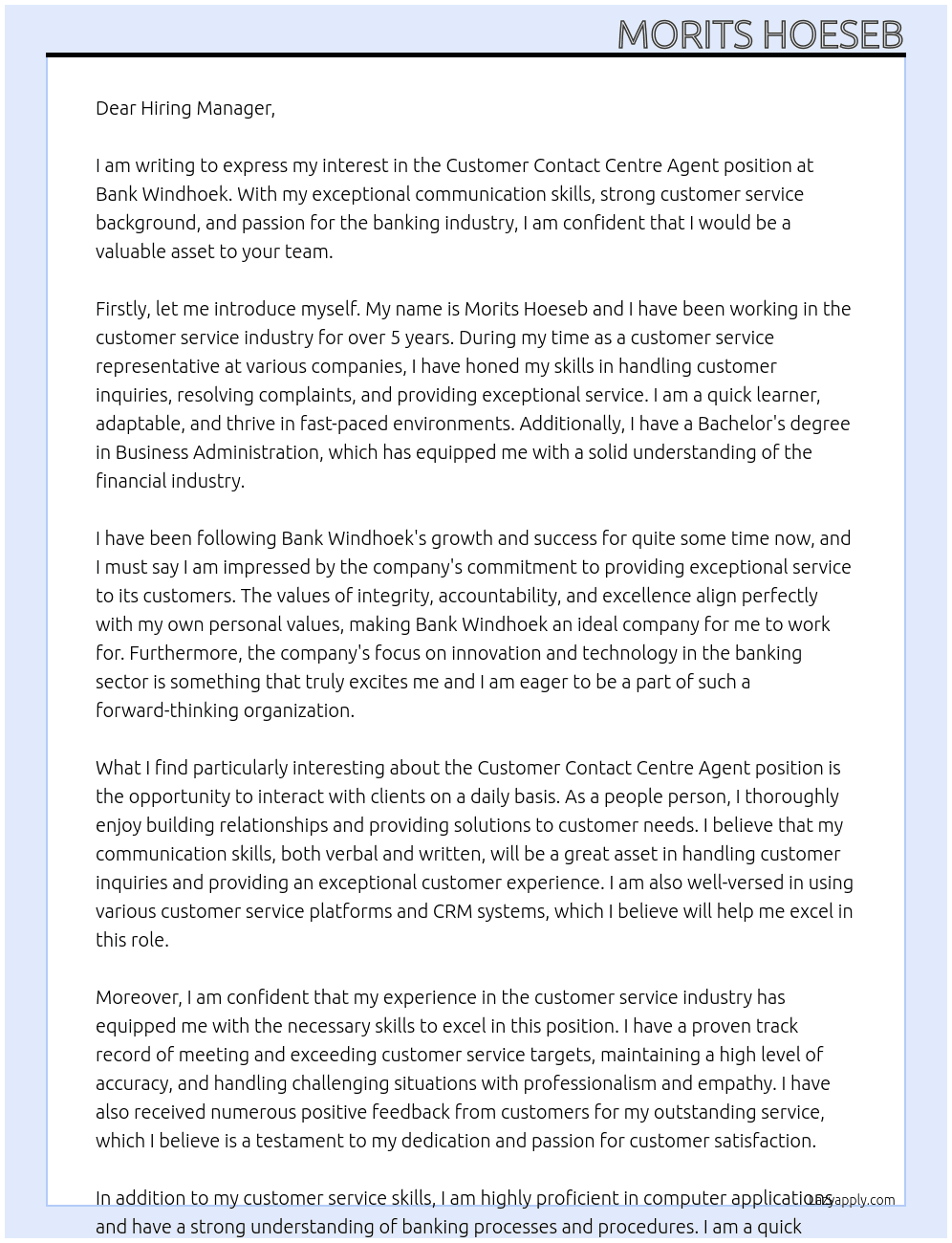 Customer Contact Centre Agent At Bank Windhoek Cover Letter