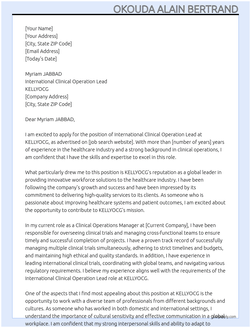 International clinical Operation Lead At KELLYOCG Cover Letter