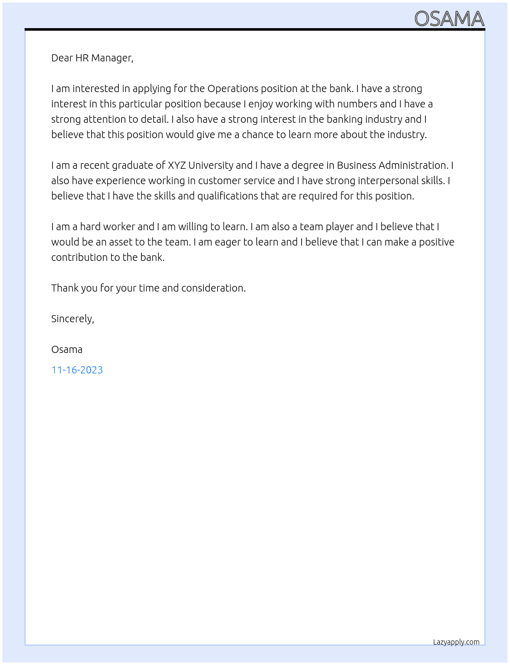 OPERATIONS At BANK Cover Letter