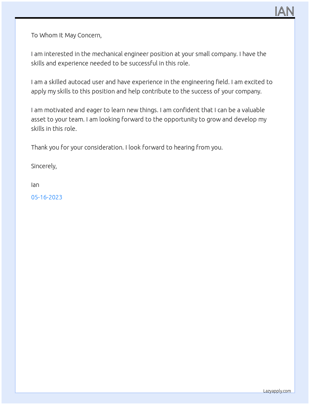 mechanical engineer At small company Cover Letter