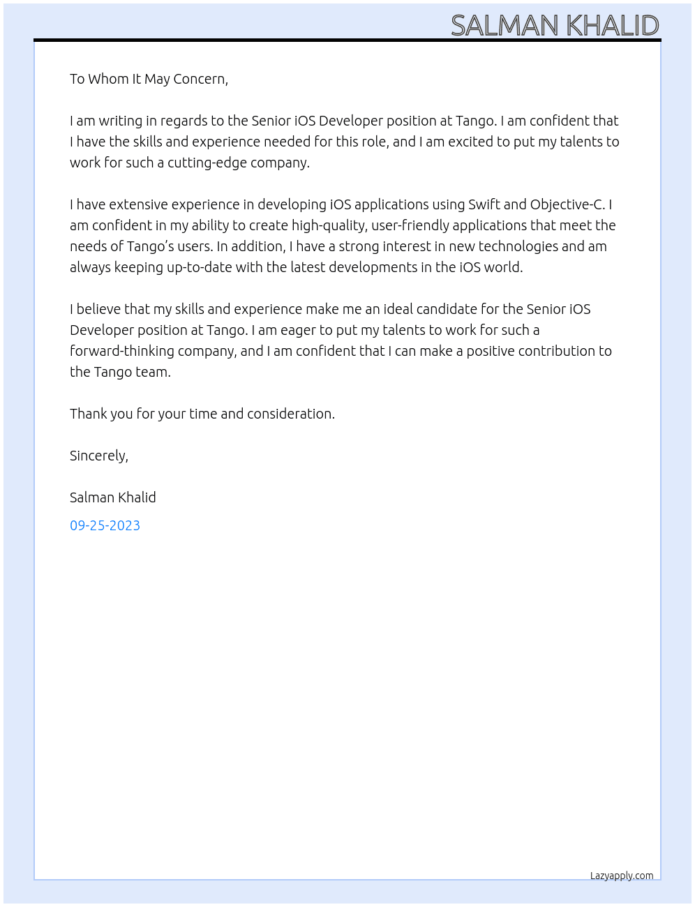 Senior iOS developer At Tango Cover Letter