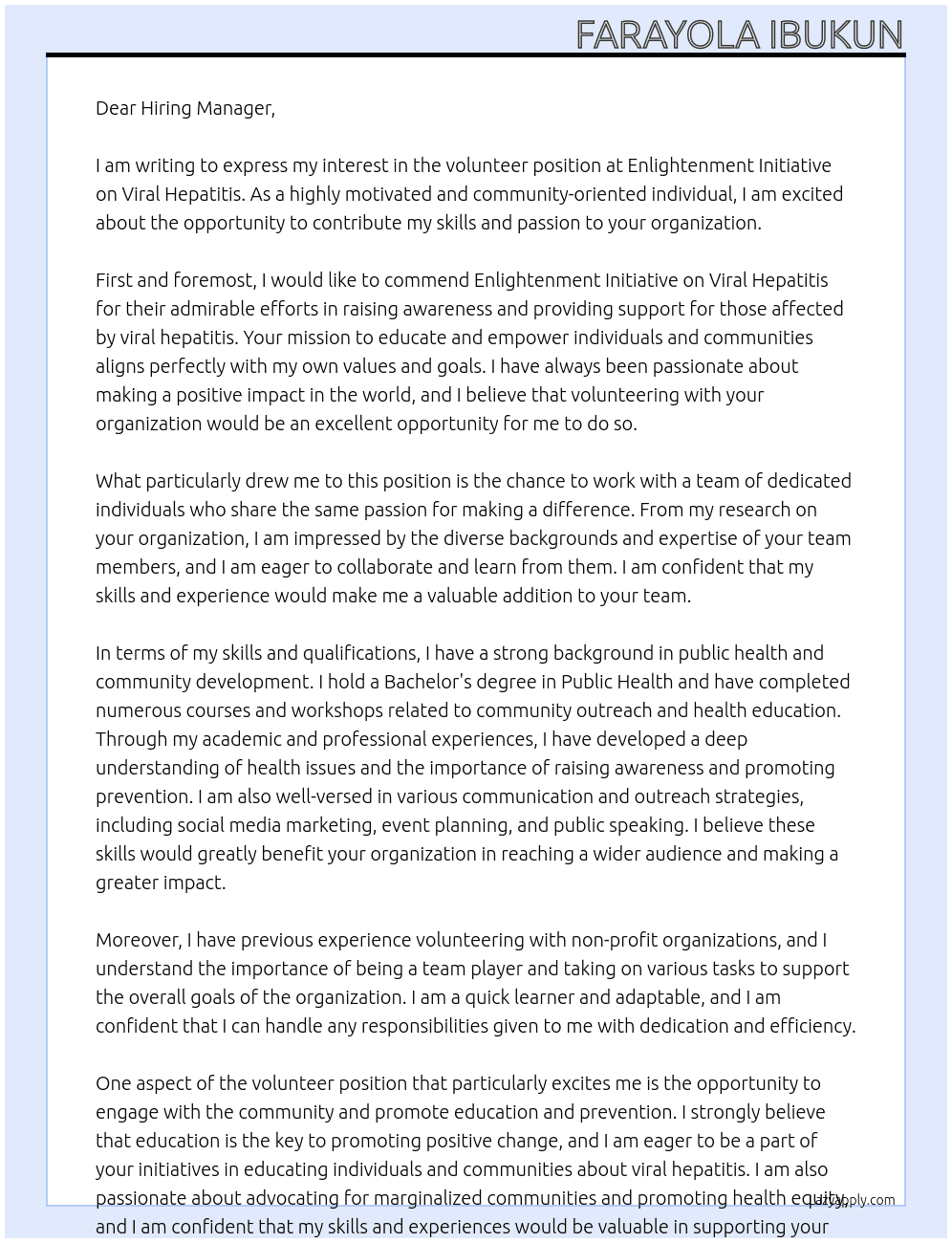 VOLUNTEER At ENLIGHTENMENT INITIATIVE ON VIRAL HEPATITIS Cover Letter
