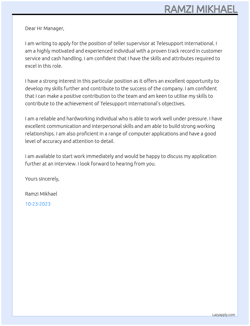 teller supervisor At Telesupport international Cover Letter