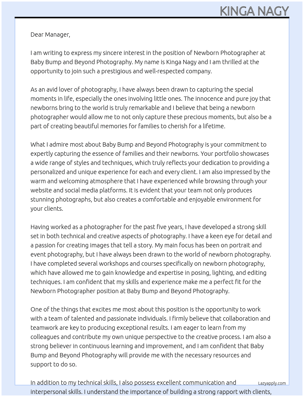 Newborn photographer At Baby Bump and Beyond Photography  Cover Letter