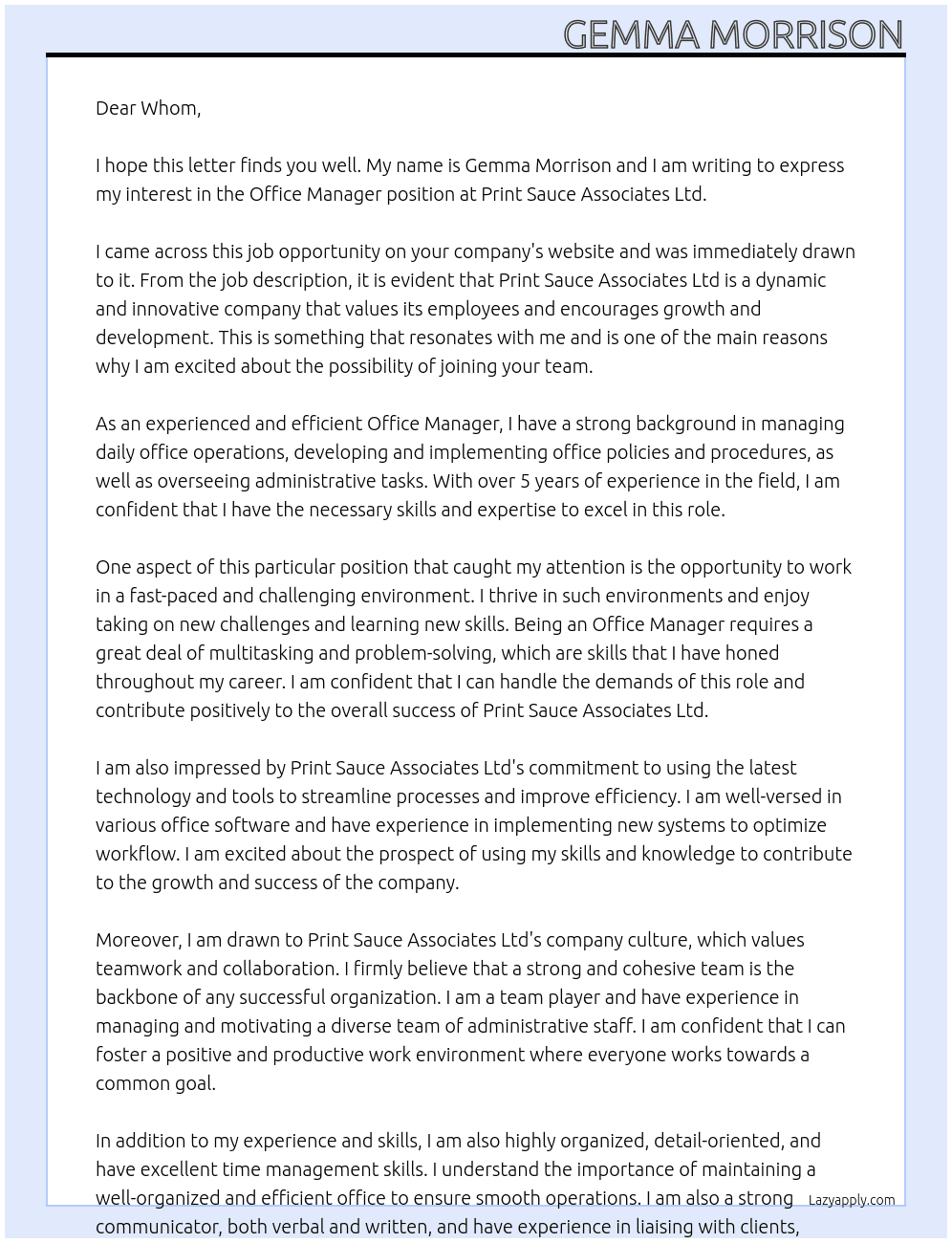 Office Manager At Print Sauce Associates Ltd Cover Letter