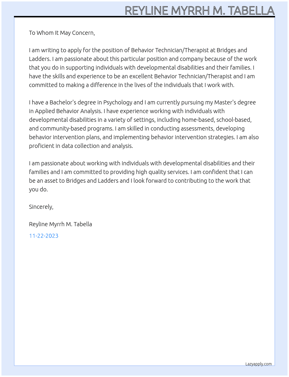 Behavior Technician/Therapist At Bridges and Ladders Cover Letter