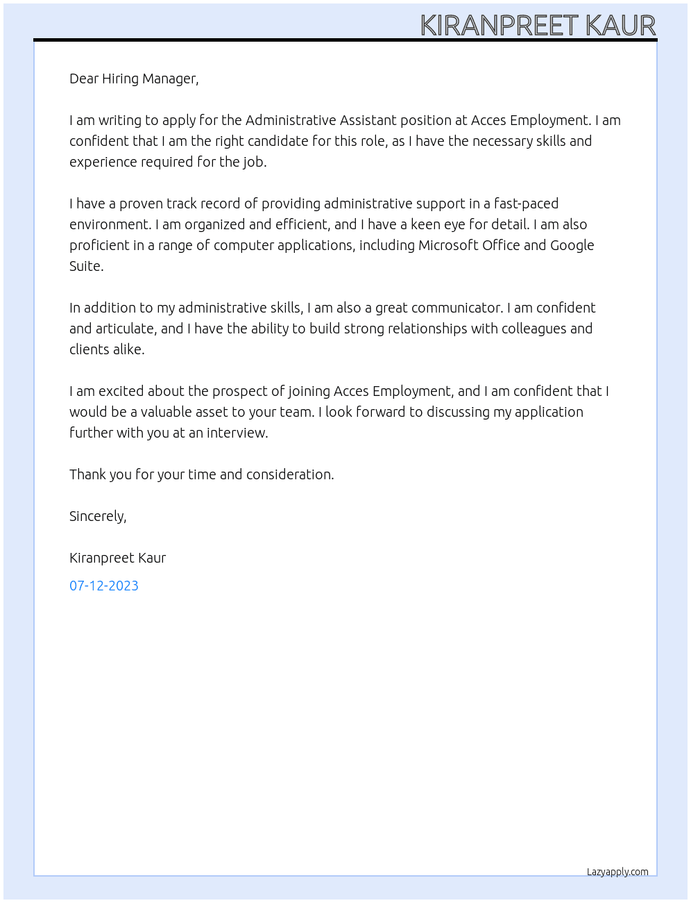 Administrative Assistant At Acces Employment Cover Letter