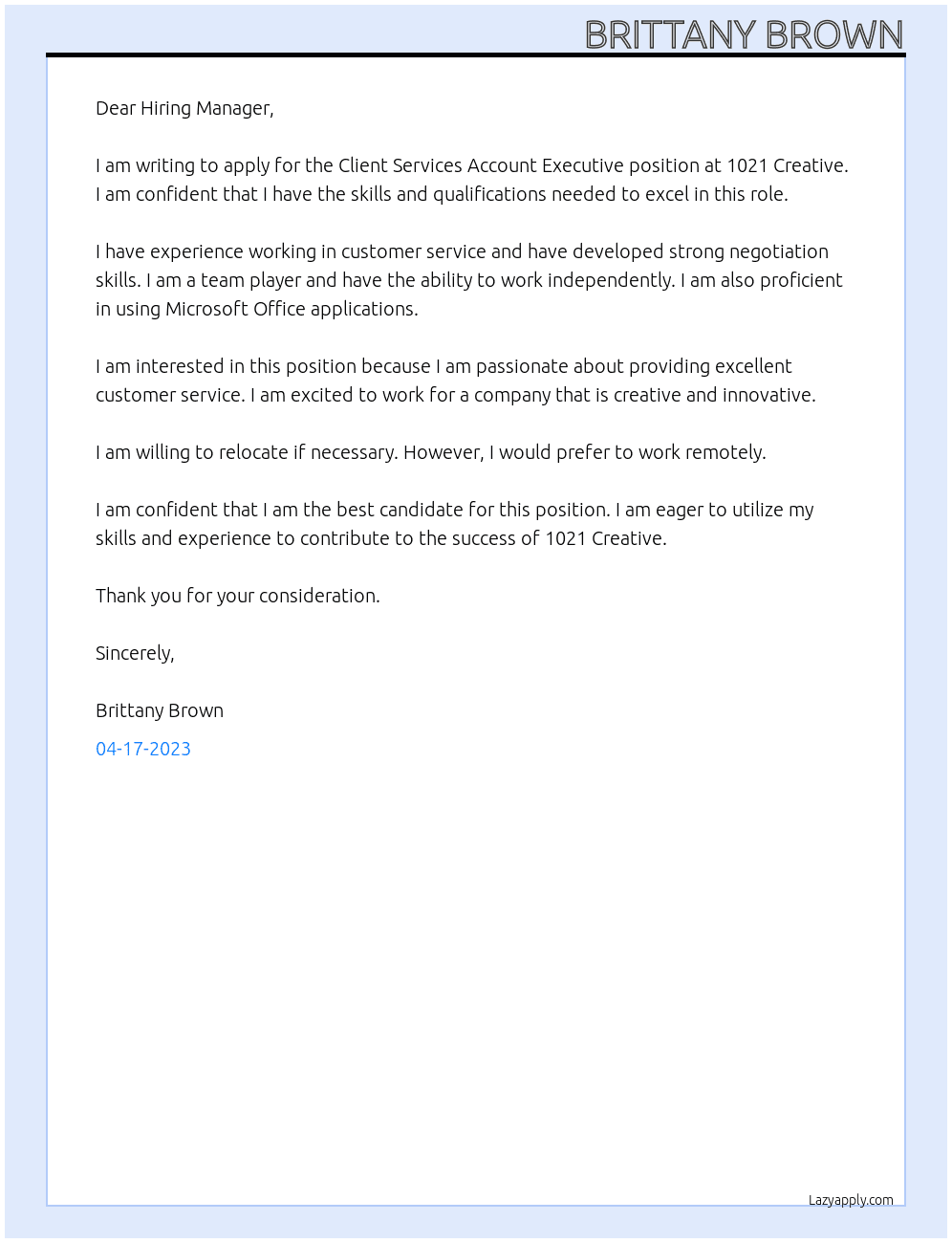 Client Services Account Executive At 1021 Creative Cover Letter