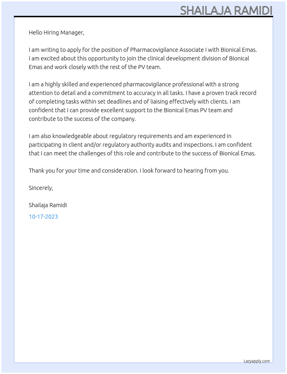 Pharmacovigilance Associate At Bionical Emas Cover Letter
