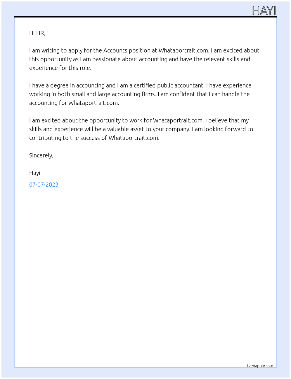 Accounts At Whataportrait.com Cover Letter