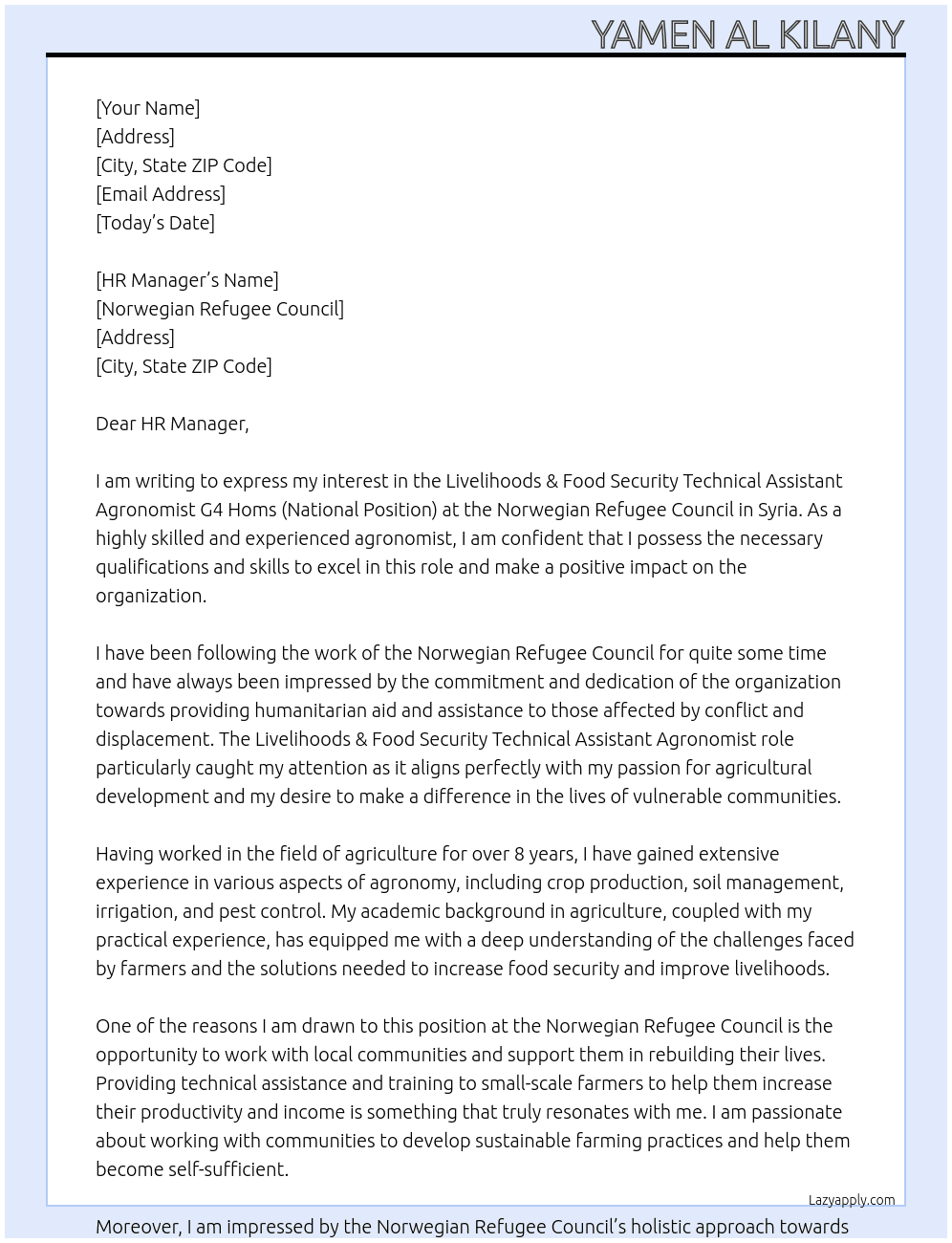 Livelihoods & Food Security Technical Assistant Agronomist G4 Homs (National Position) At Syria, Norwegian Refugee Council Cover Letter