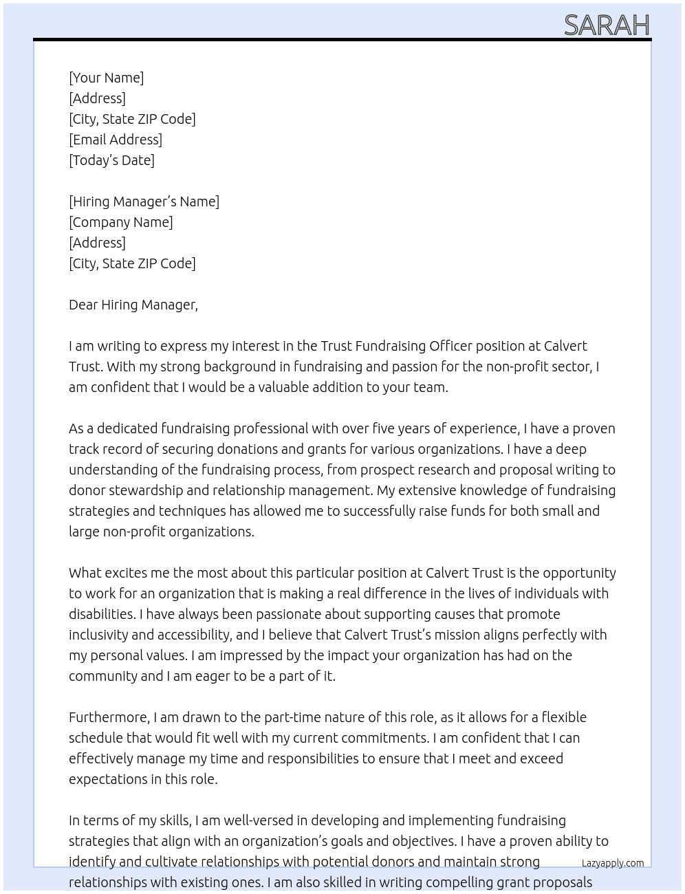 Trust Fundraising Officer At Calvert Trust Cover Letter