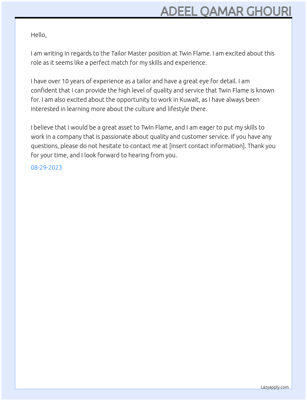 Tailor master At Twin flame Cover Letter