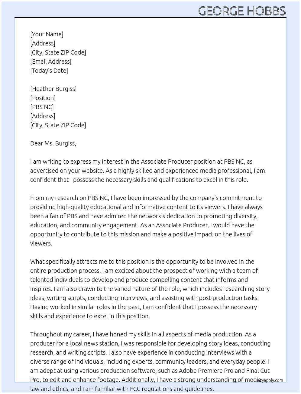 Associate Producer At PBS NC Cover Letter