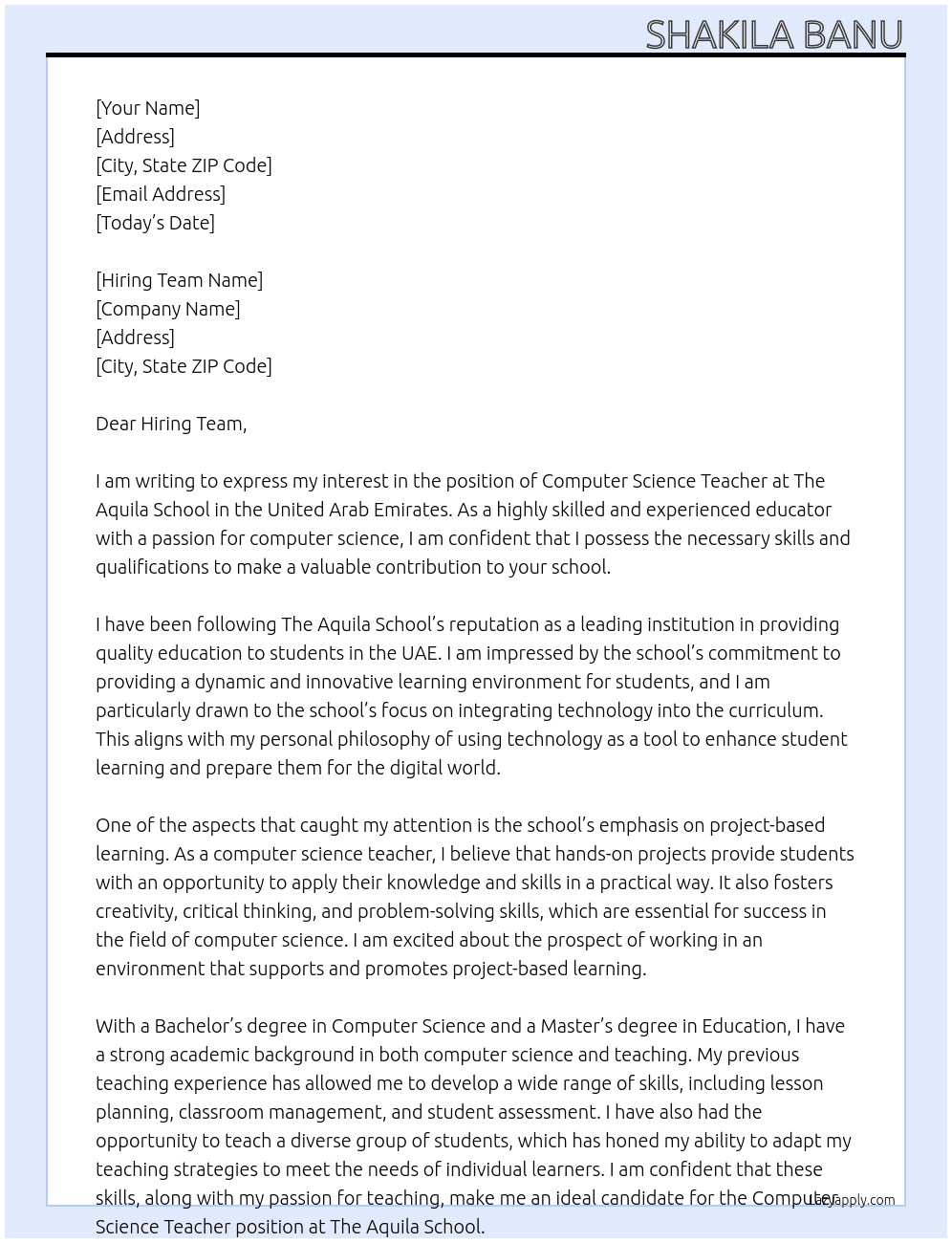 Cover letter for computer science teacher - LazyApply