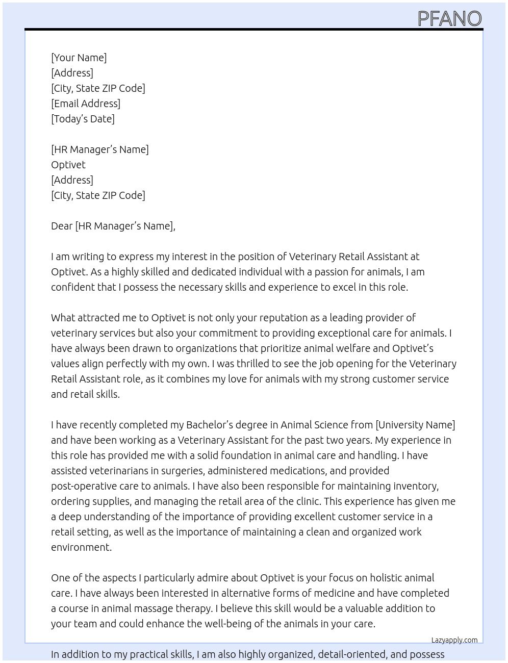Veterinary Retail Assistant  At Optivet  Cover Letter
