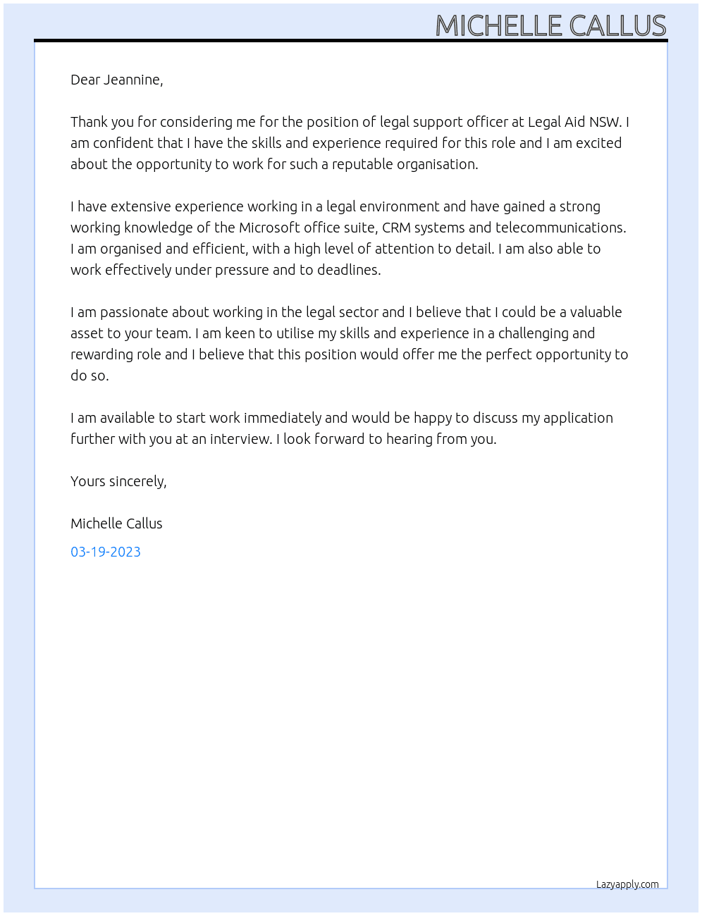 Legal support officer At Legal aid NSW Cover Letter