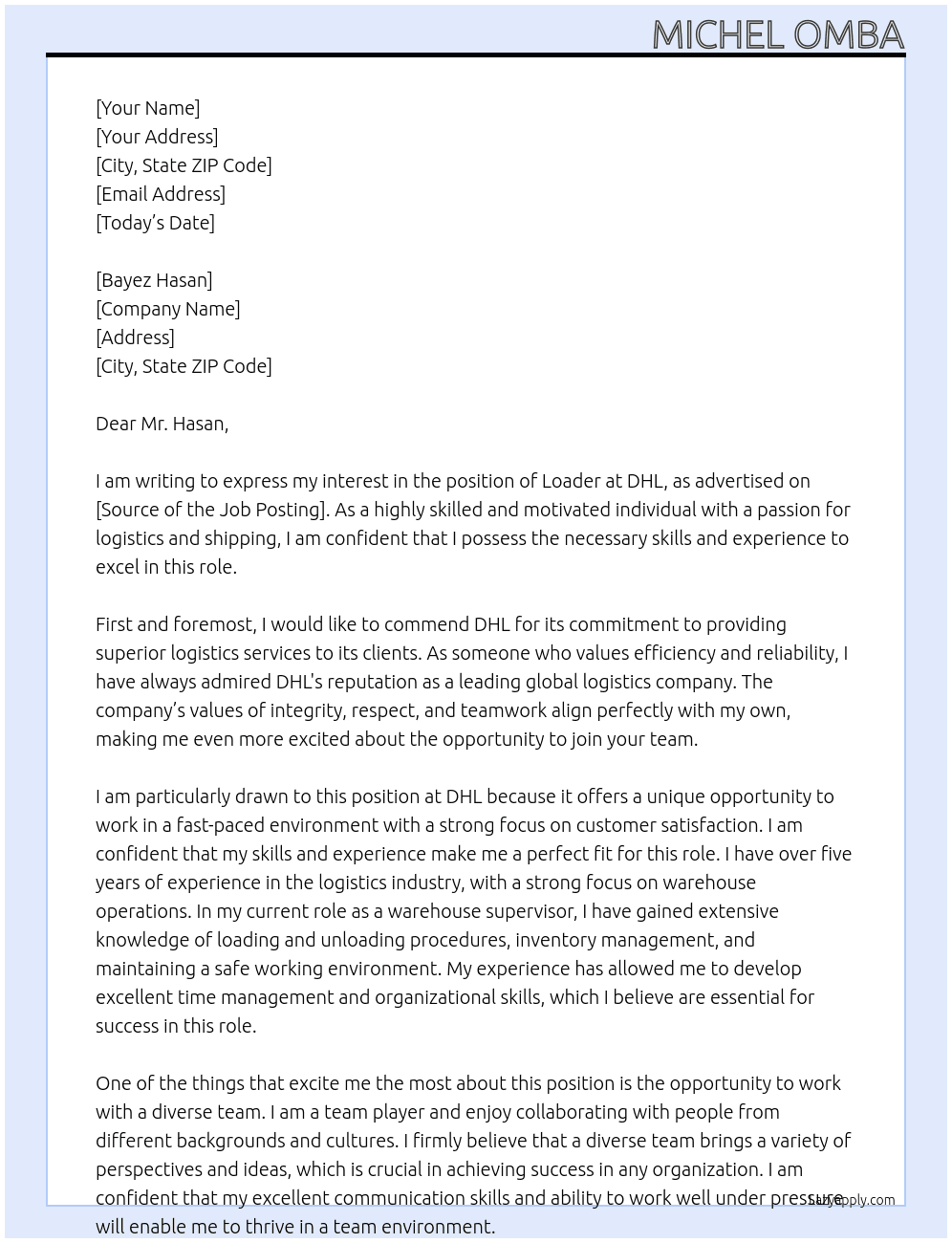 loader  At dhl Cover Letter