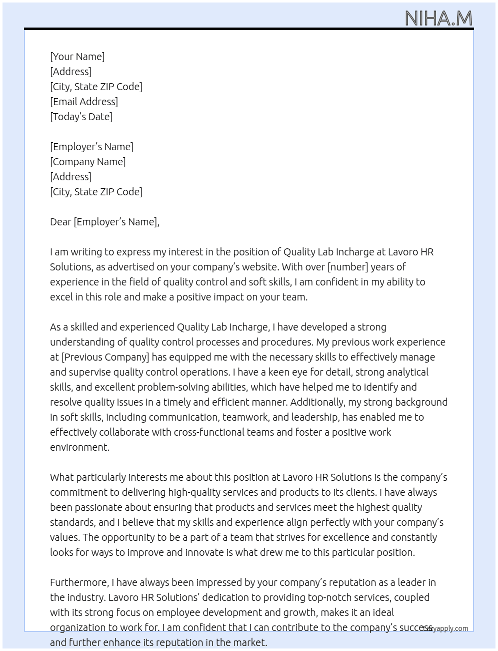 quality lab incharge At Lavoro HR solutation Cover Letter