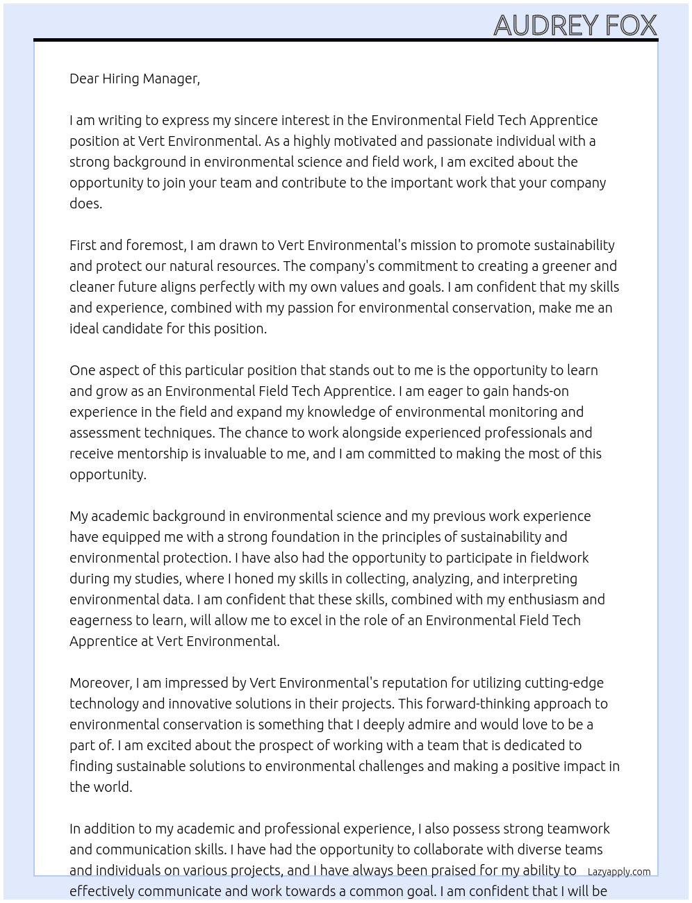 Environmental Field Tech Apprentice At Vert Environmnetal Cover Letter