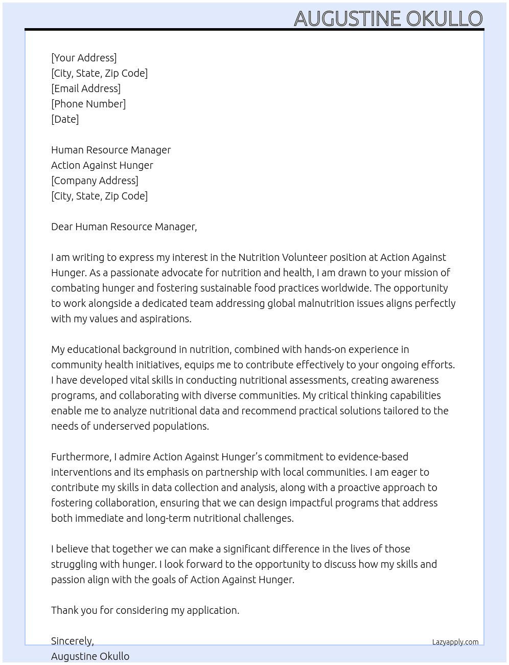 Cover letter for nutrition volunteer - LazyApply