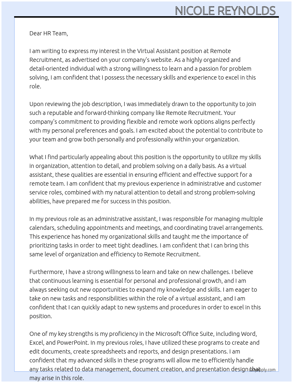 Virtual Assistant  At Remote Recruitment  Cover Letter