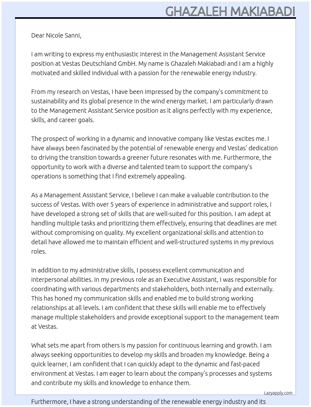 Management Assistant Service At Vestas Deutschland GmbH Cover Letter