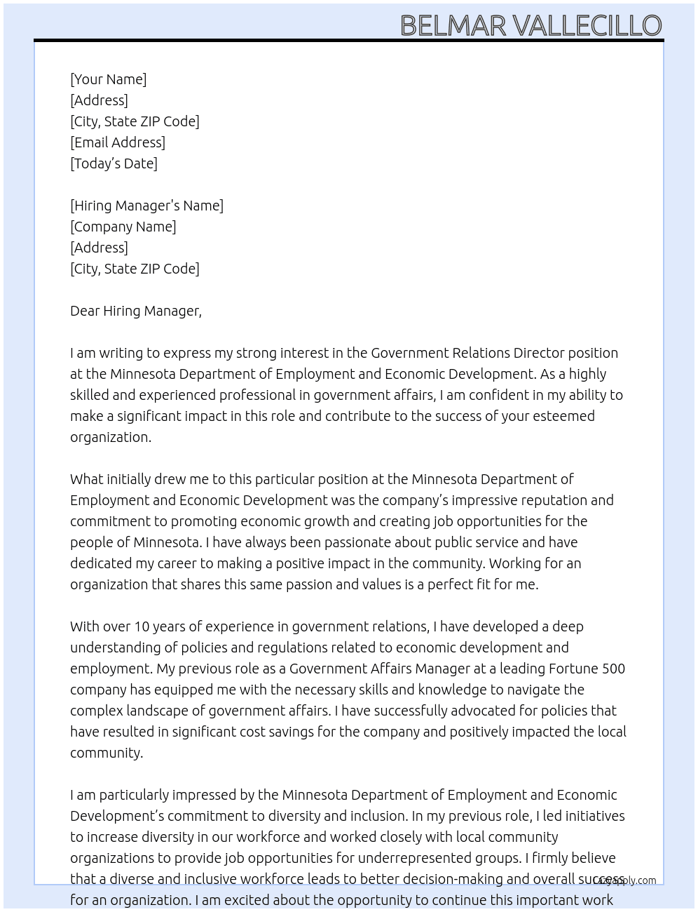 Government Relations Director At minnesota Department of Employment and Economic Development Cover Letter