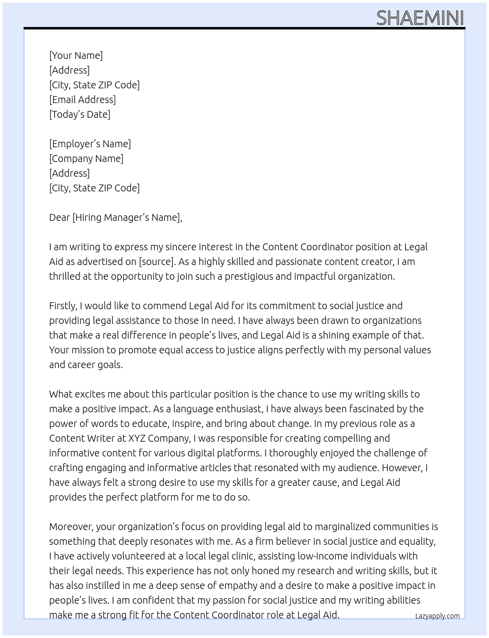 Content Coordinator At Legal Aid Cover Letter