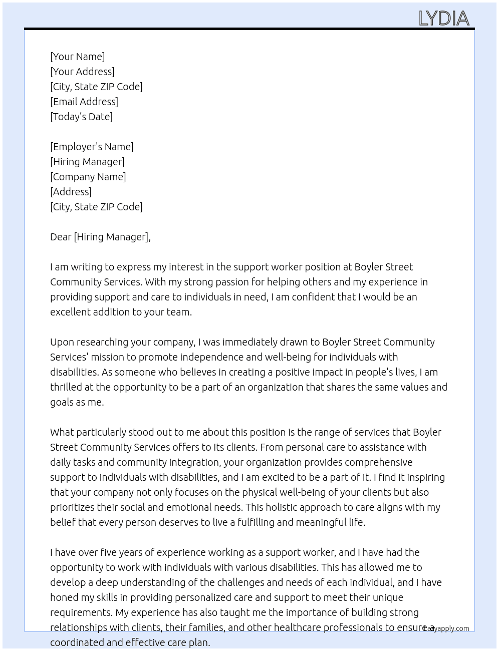 support worker  At boyler street community services Cover Letter