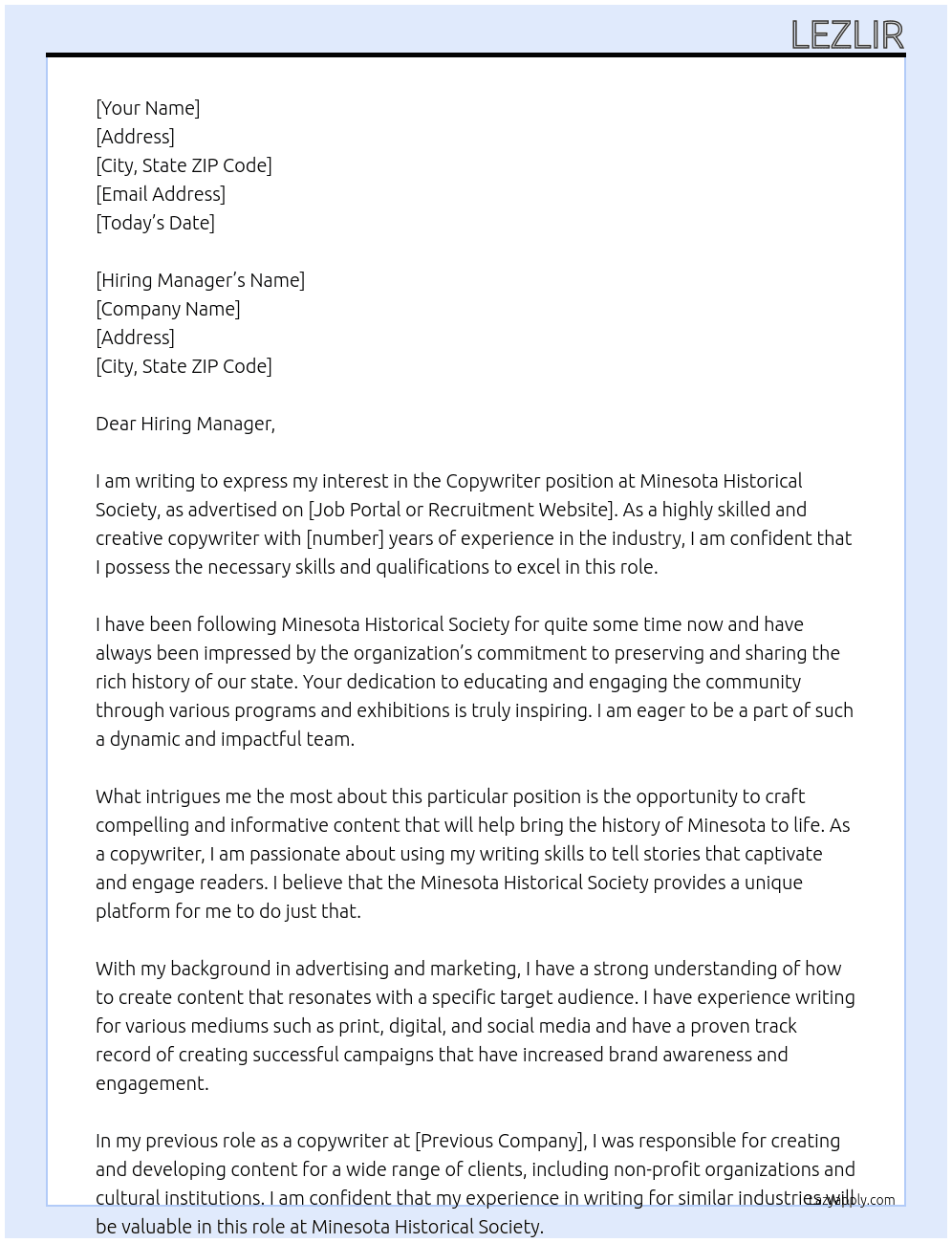 Copywriter At Minesota Historical Society Cover Letter