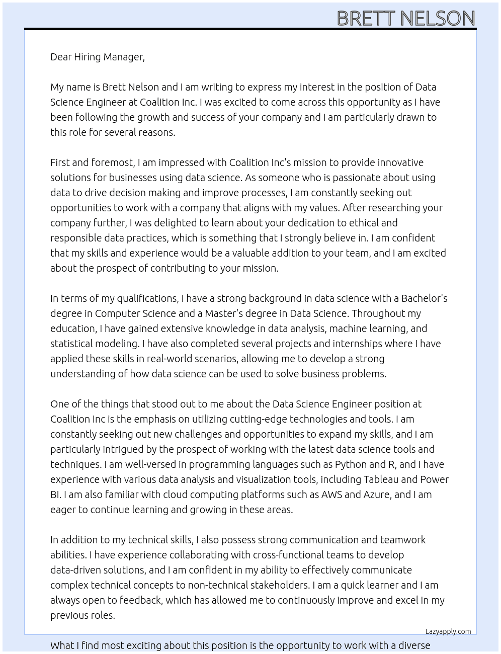 Data Science Engineer At Coalition Inc Cover Letter