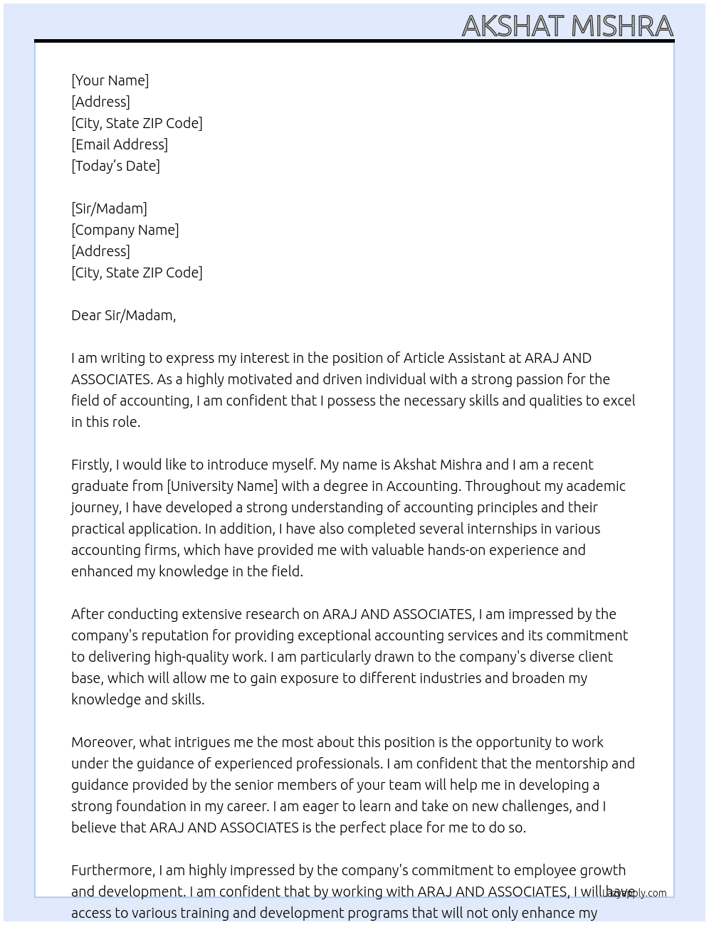 Article assistant At ARAJ AND ASSOCIATES Cover Letter
