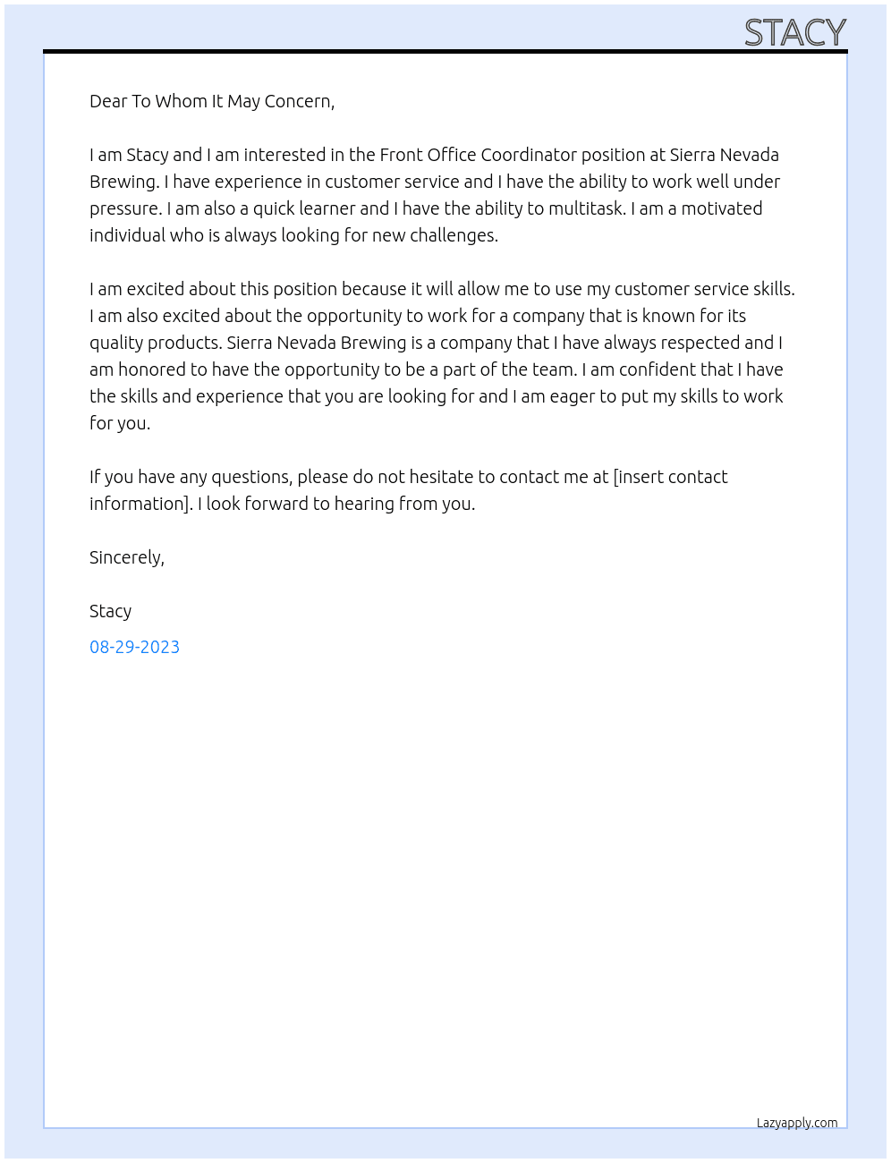 Front Office Coordinator  At Sierra Nevada Brewing Cover Letter