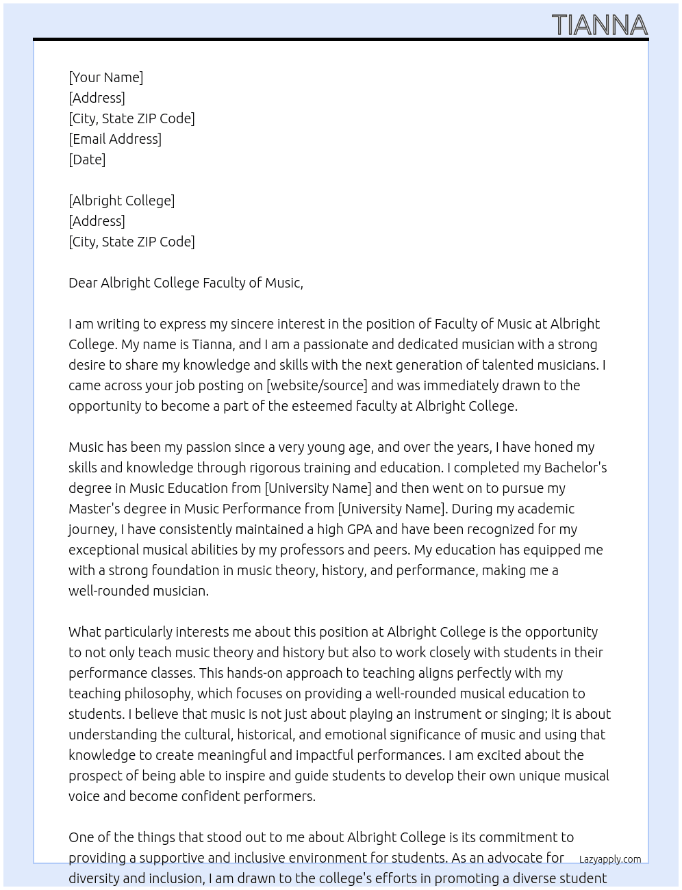 Faculty of Music At Albright College Cover Letter