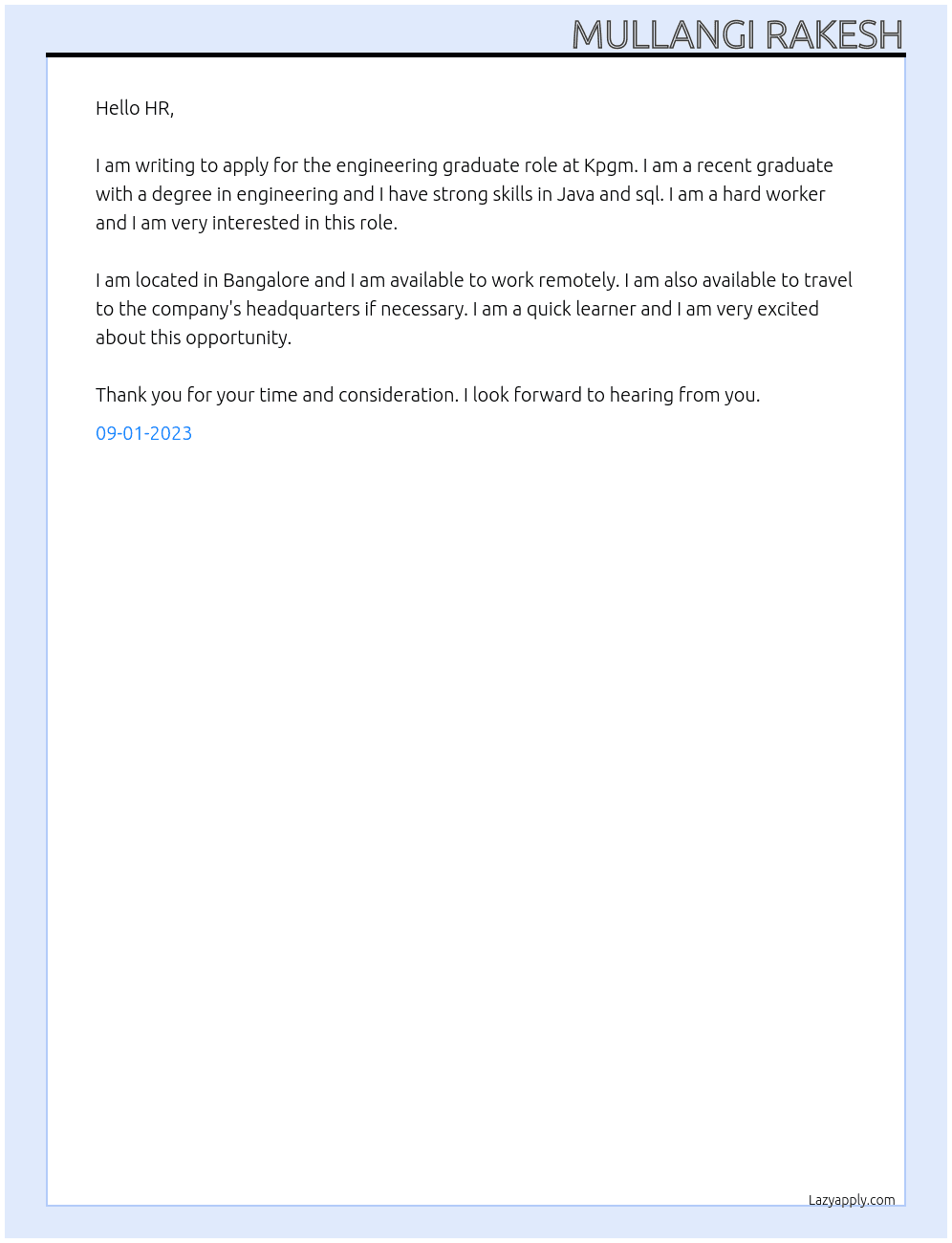Engineering graduate  At Kpgm Cover Letter