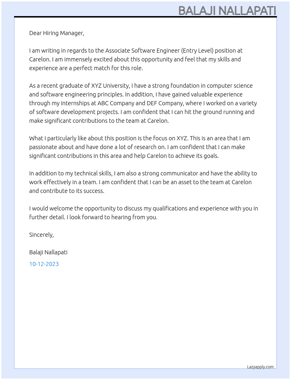 Associate Software Engineer (Entry Level) At Carelon Cover Letter