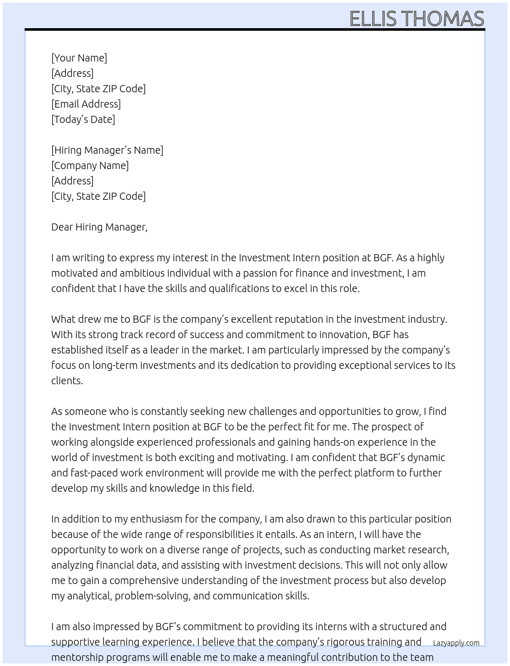 Investment Intern At BGF Cover Letter