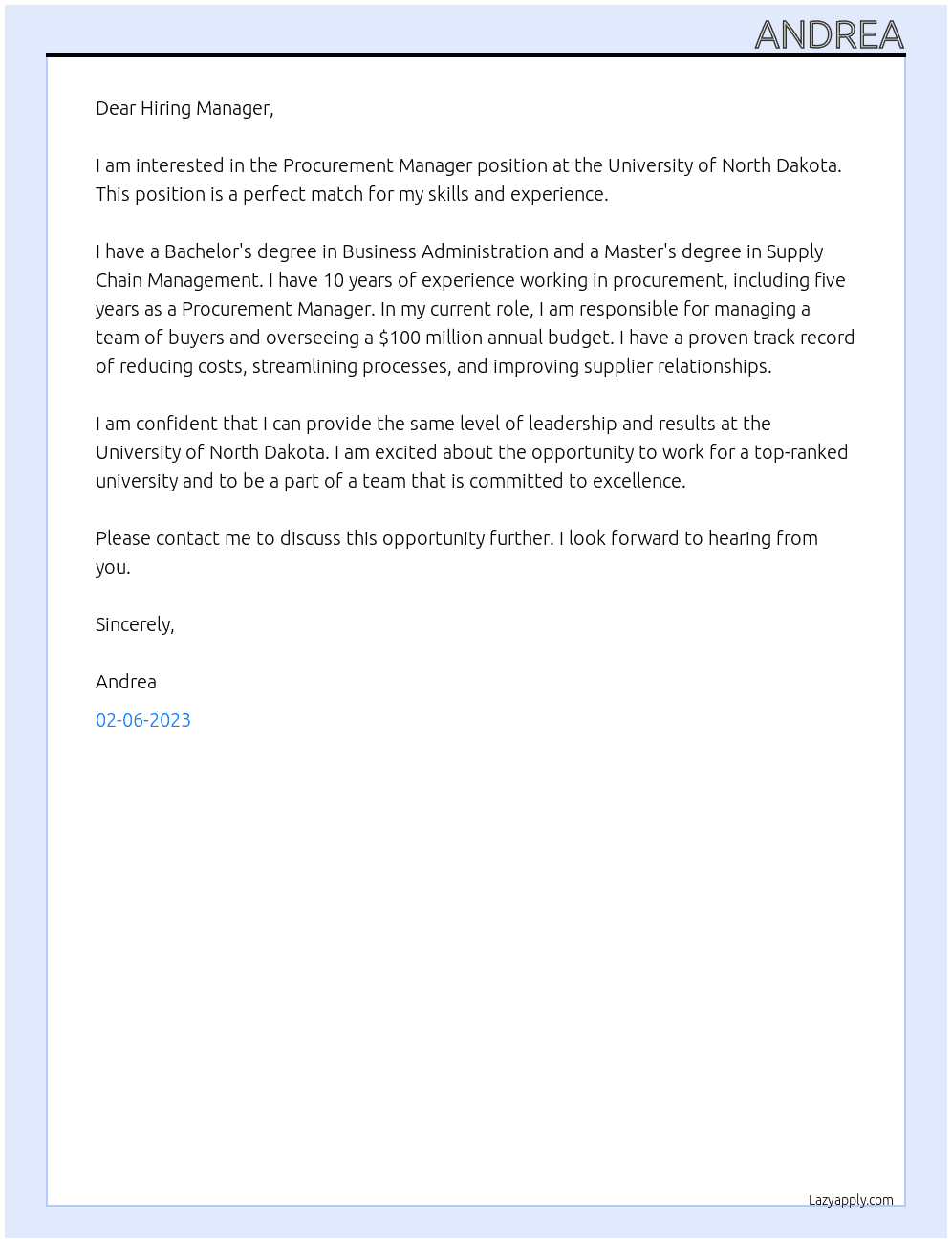Procurement Manager At University of North Dakota Cover Letter