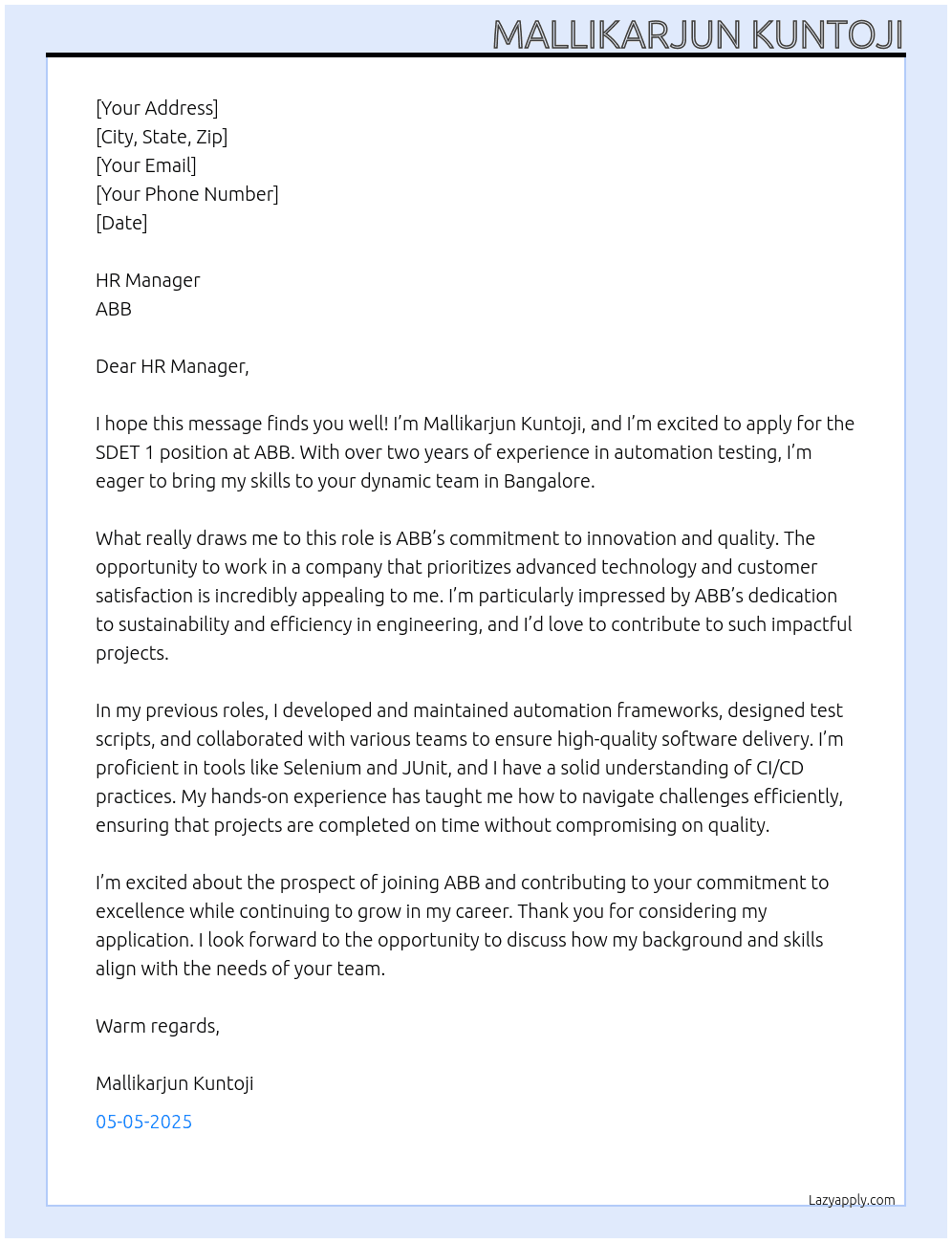 SDET 1 At ABB  Cover Letter