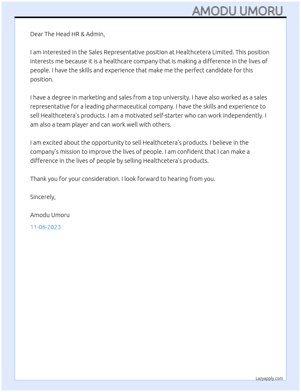 Sales Representative  At Healthcetera Limited  Cover Letter