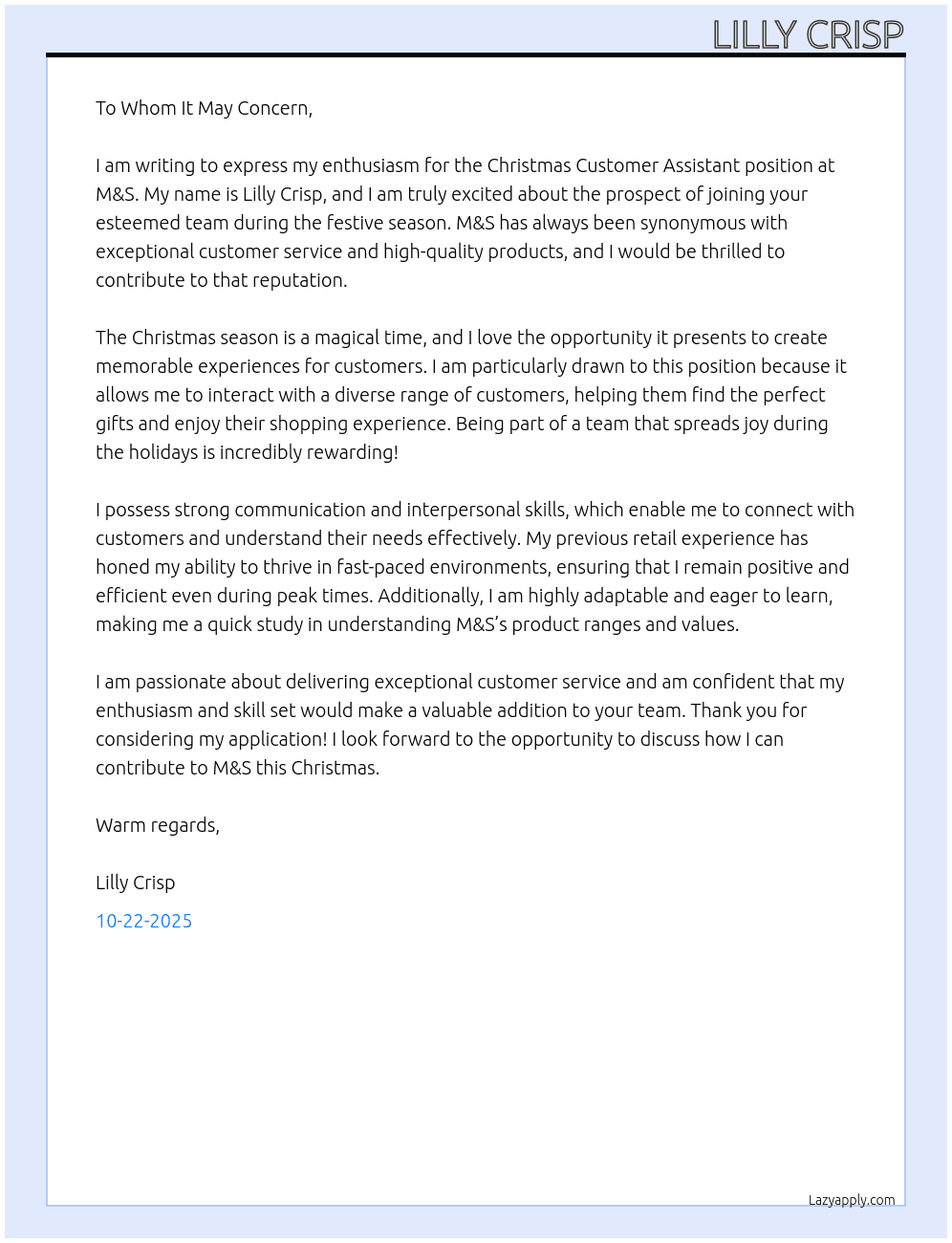 Christmas Customer Assistant At M&S Cover Letter