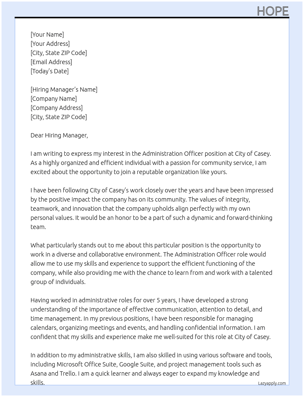 Administration Officer At City Of Casey Cover Letter