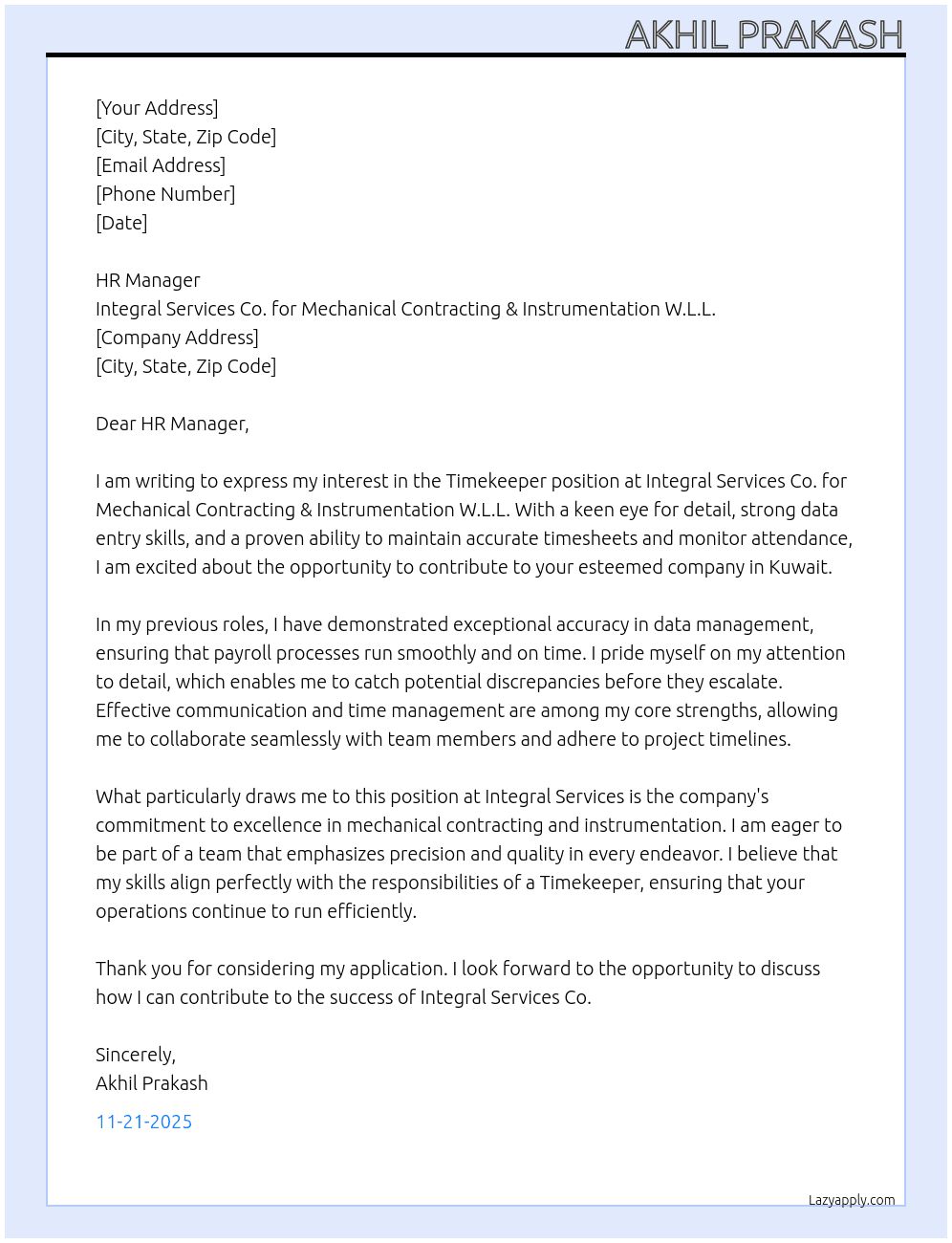 Cover letter for timekeeper - LazyApply