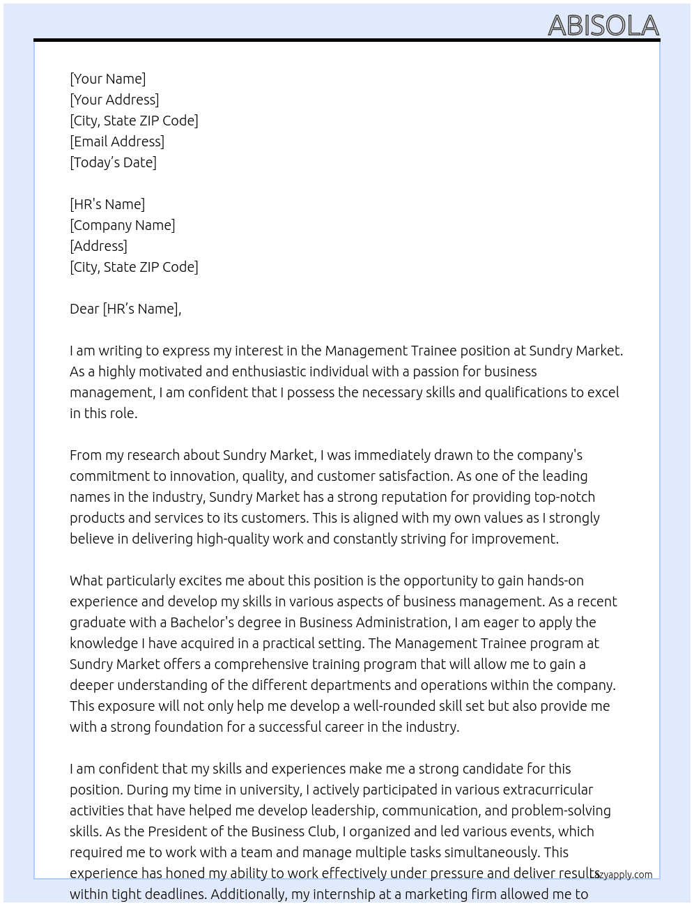 management trainee At Sundry market Cover Letter