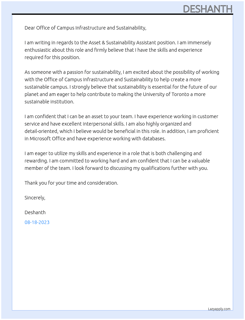 Asset & Sustainability Assistant At Office of Campus Infrastructure and Sustainability Cover Letter