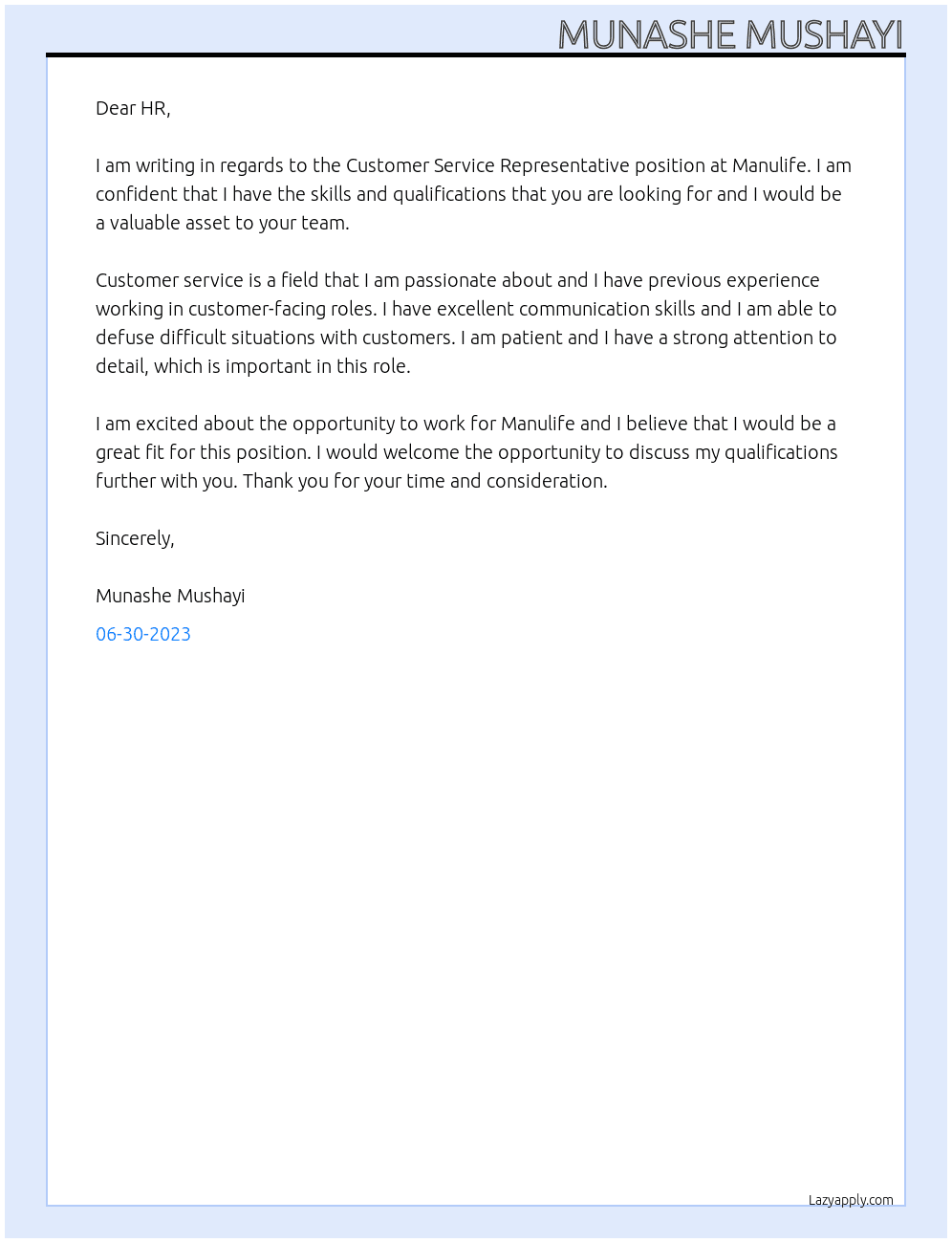 Customer ServiceRepresentative At Manulife Cover Letter
