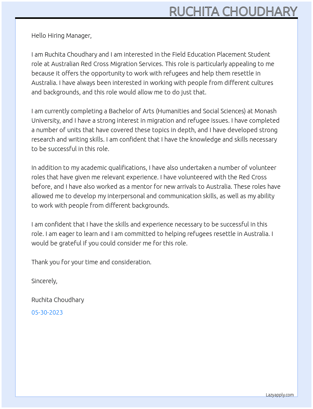 Field Education Placement Student At Australian Red Cross Migration Services Cover Letter