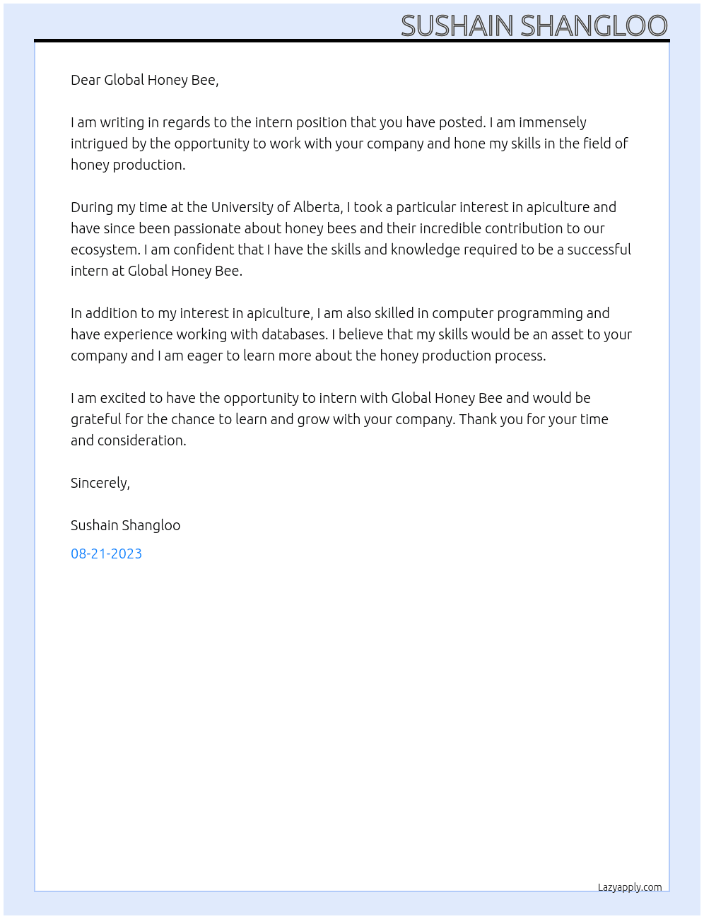 intern At Global honey bee Cover Letter